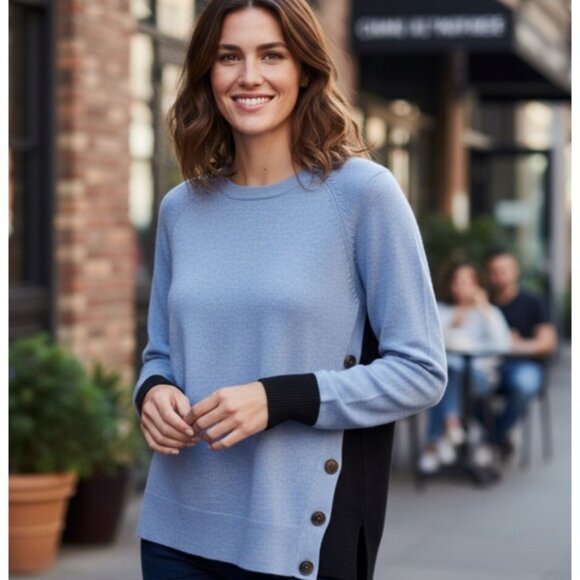 J. Crew Angora Wool Blend Button Side Elbow Patch Sweater Top Women Medium Blue - Picture 1 of 7